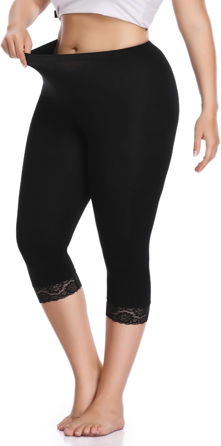 Women’s Plus Size Capri Leggings Soft Lace Trim Comfy Stretchy Cropped Leggings Basic Yoga Pants