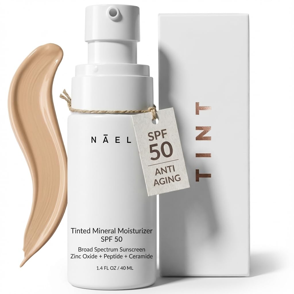 NAELI Anti Aging Tinted Moisturizer SPF 50, Mineral Sunscreen for Face with Zinc Oxide, Peptides & Ceramides, Natural Hydrating Universal Tint – 1.4 oz