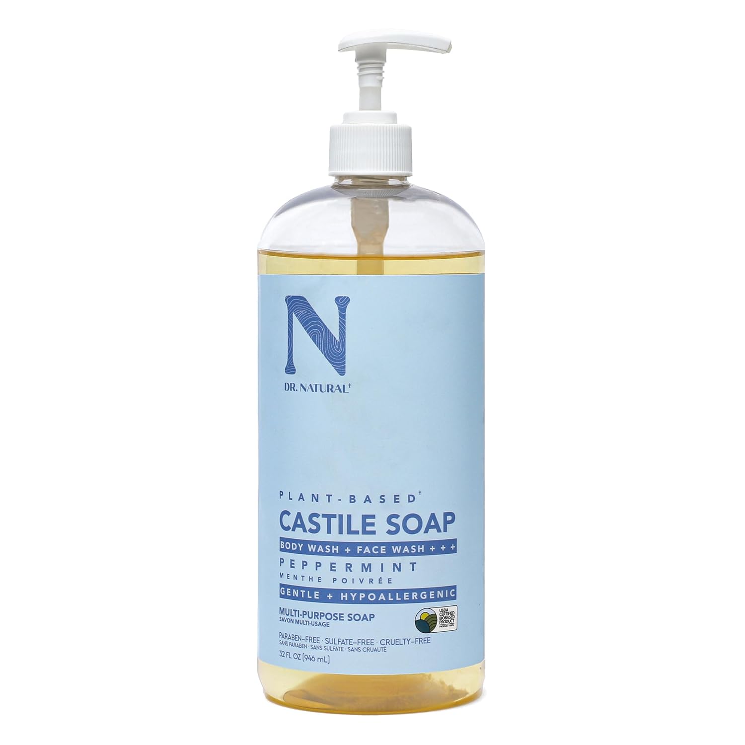 Dr. Natural Castile Liquid Soap, Peppermint, 32 oz – Plant-Based – Made with Organic Shea Butter – Rich in Coconut and Olive Oils – Sulfate and Paraben-Free, Cruelty-Free – Multi-Purpose Soap