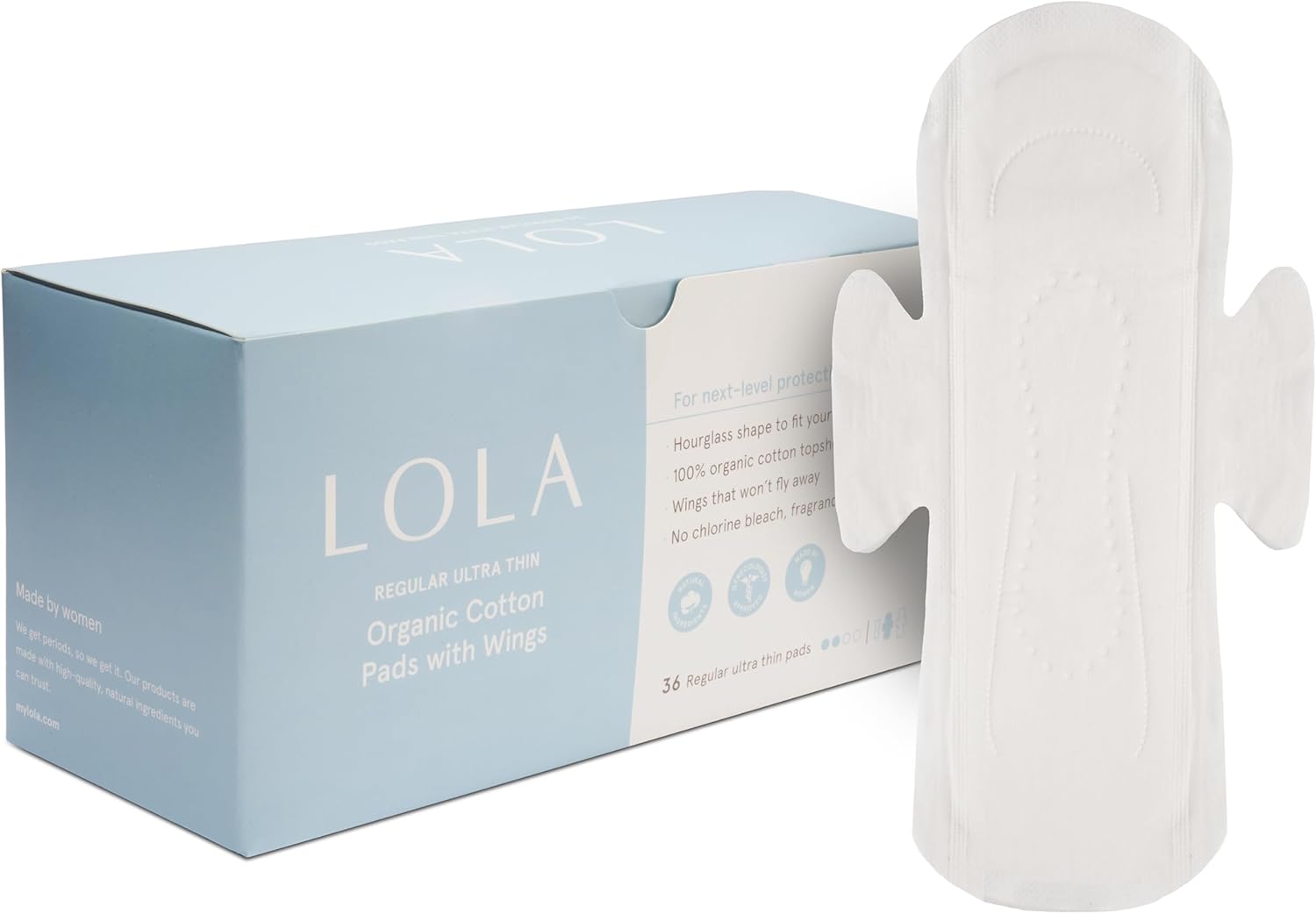 LOLA Cotton Pads – Ultra Thin Pads with Wings – Organic Cotton Hypoallergenic Material – Organic Panty Liners – 36 Count, Regular