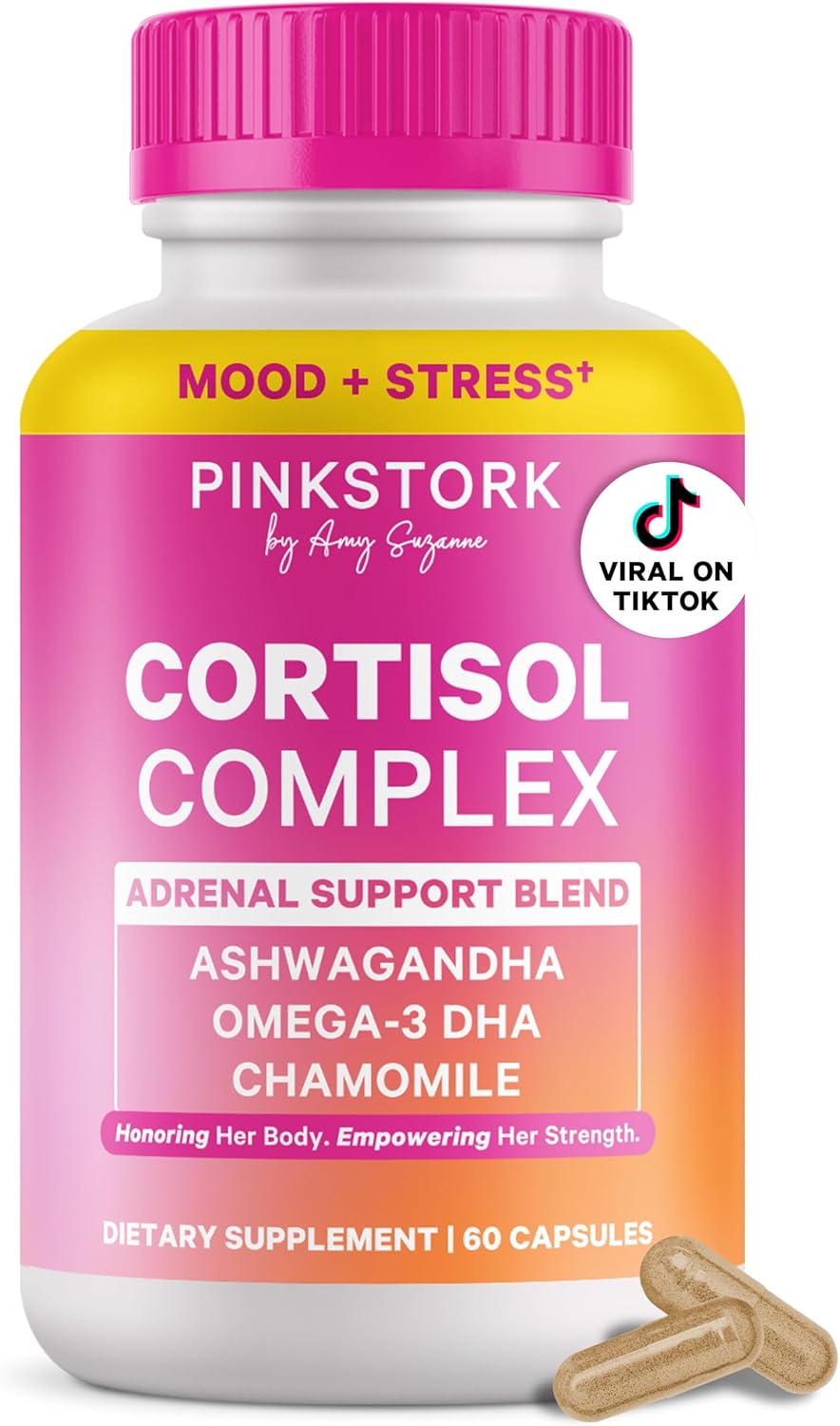 Pink Stork Cortisol Supplements for Women – Adaptogenic Adrenal Support & Stress Manager with Organic Ashwagandha, Omega 3, Saffron, Multivitamins – Mood & Hormone Balance – 60 Count