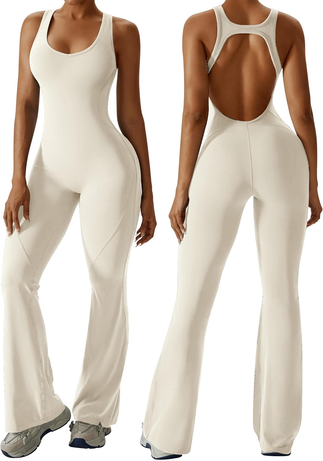 OEAK Womens Flare Jumpsuit with Bra Tummy Control Cutout Romper Workout Outfit Sleeveless Unitard One Piece Backless Bodysuit