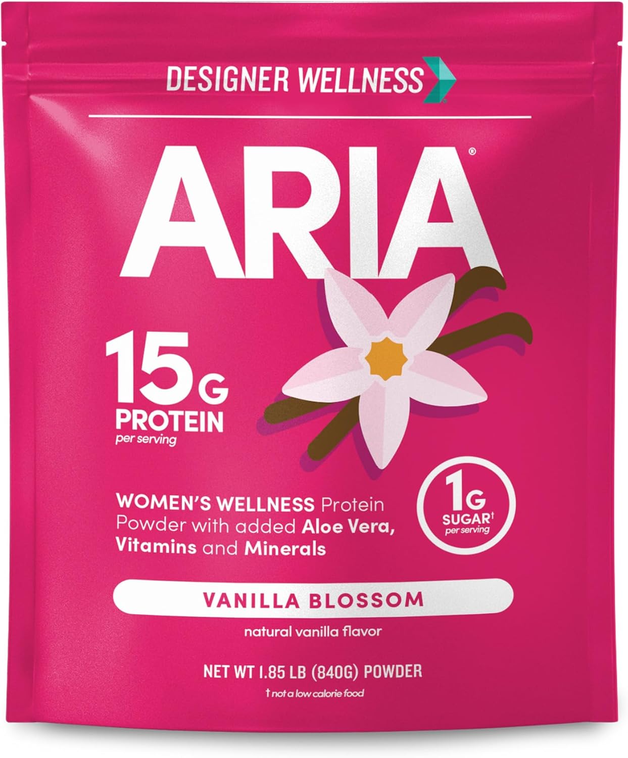 Designer Wellness, Aria, Women’s Wellness Low Calorie Vanilla Protein Powder with Biotin, Vitamin C and Organic Aloe, Vanilla Blossom, 1.85 Pound