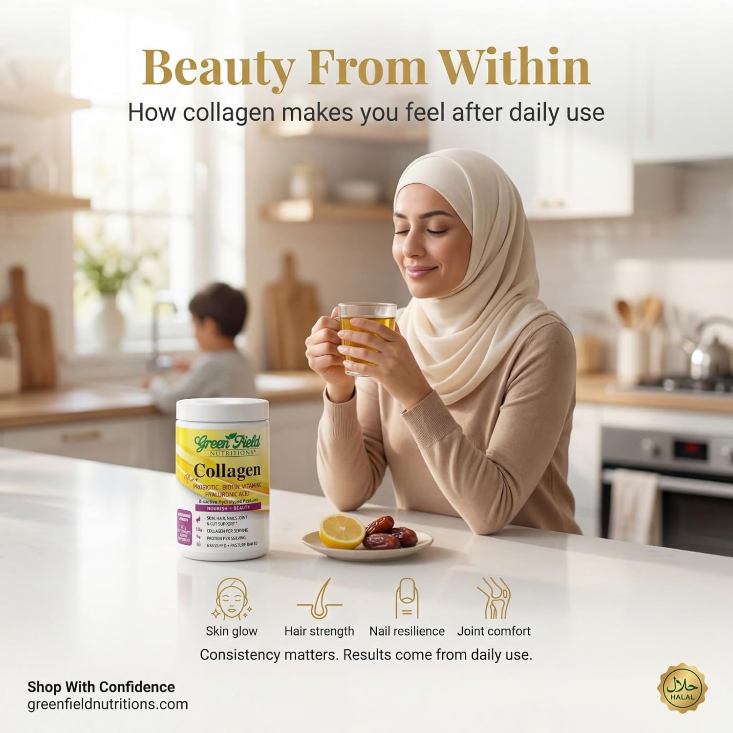 Greenfield Nutritions Halal Collagen Peptides Powder – 9g Halal Protein Probiotic, Biotin, Hyaluronic Acid & Vitamin C – 270g Halal Collagen for Women & Men – Supports Hair, Skin, Nails, Joints & Gut