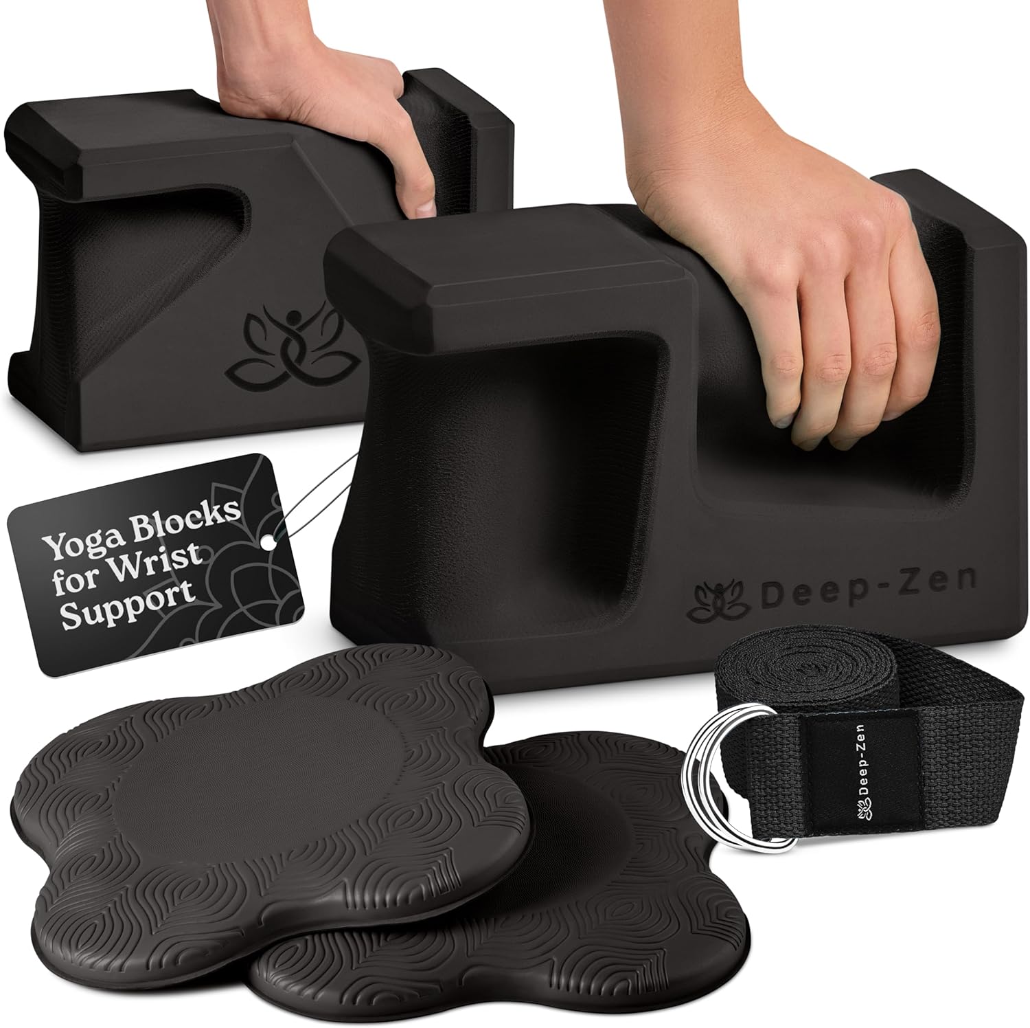 PRO Yoga Blocks | Ergonomic Yoga Block 2 Pack for Wrist Comfort and Support | EVA Foam Exercise Blocks, 2x Knee Pads & Yoga Strap | Pilates Block Set | Bricks to Eliminate Wrist Pain