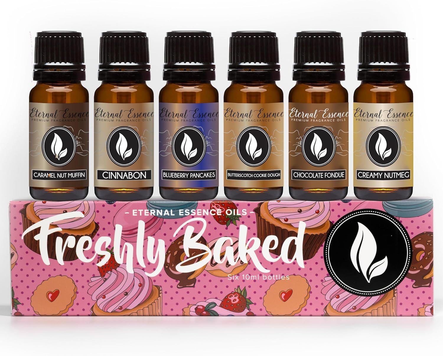 Eternal Essence Oils Freshly Baked Set of 6 Premium Fragrance Oils – Includes Blueberry Pancakes, Caramel Nut Muffin, Butterscotch Cookie Dough, Cinnabon, Chocolate Fondue, and Creamy Nutmeg – 10ML