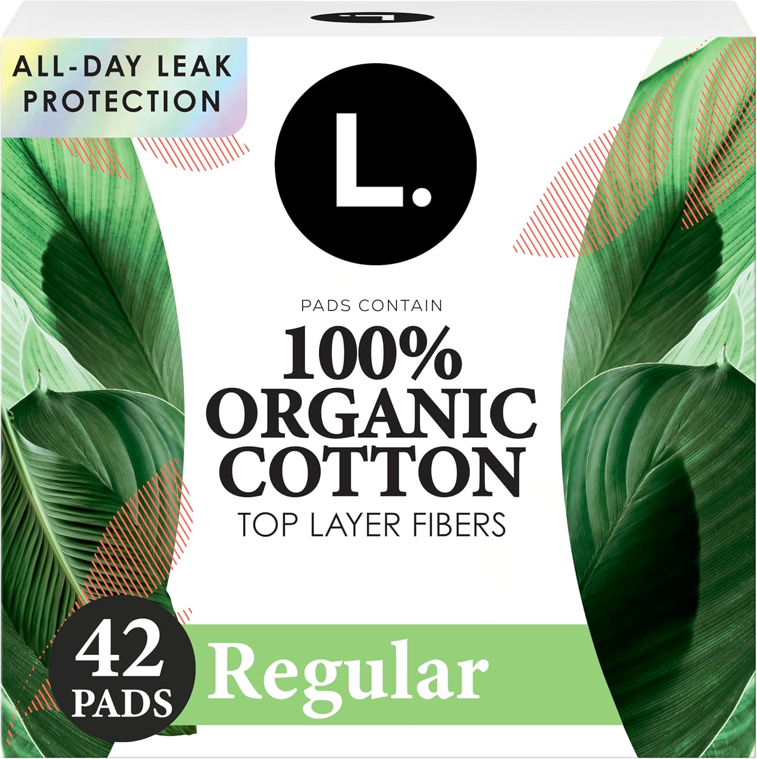 L. Ultra Thin Pads for Women, Organic Cotton Top Layer, Regular Absorbency, Menstrual Pads with Wings, Made Without Synthetic Pesticides and Fragrances, 42 Count