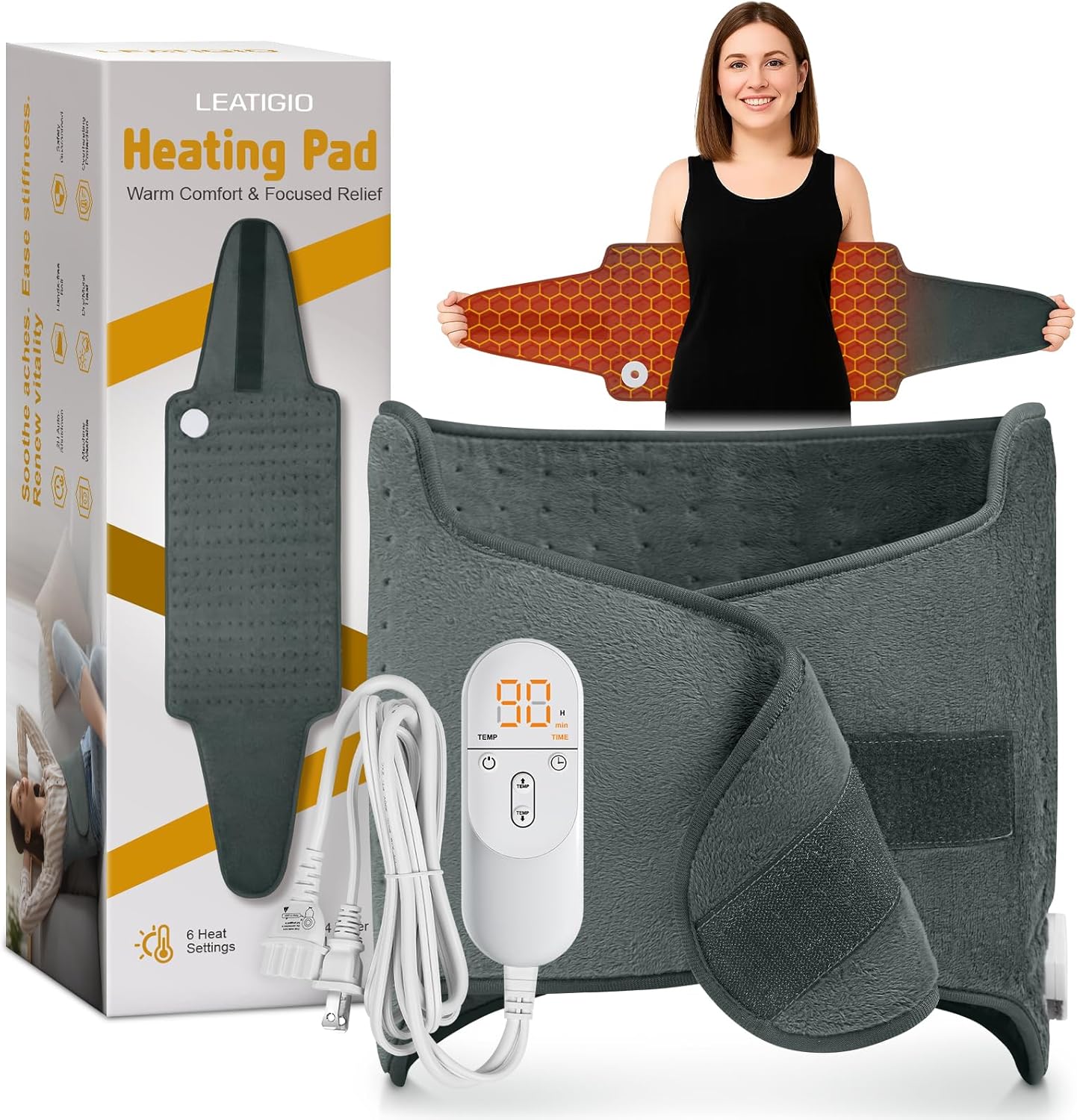 Heating Pad for Back, Electric Heating Pad for Period Cramps, Wrap Around Heated Pad for Waist Stomach Neck Shoulders with Belt, Anniversary & Birthday Gifts for Women Men Mom Dad Wife Husband