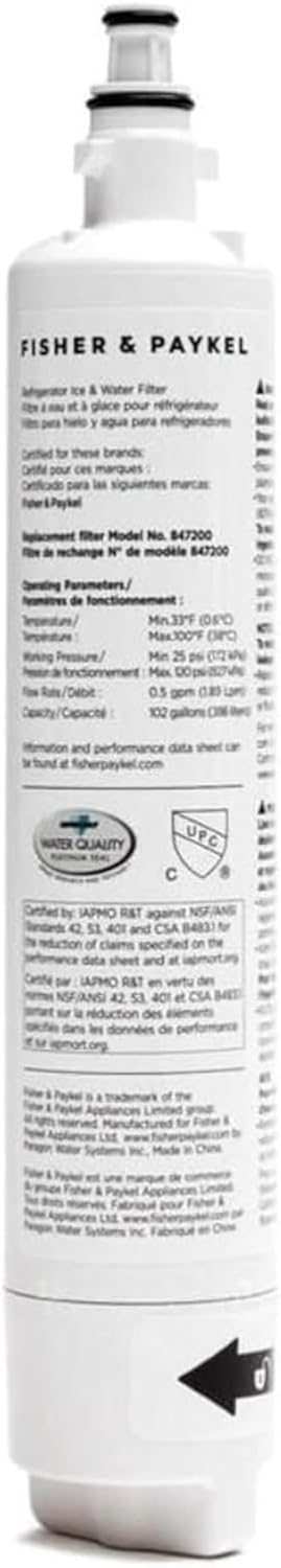 Refrigerator Water Filter 847200, Fisher & Paykel Kitchen Fridge Filter Replacement Part – IAPMO Certified Filters to Remove Contaminants, Chemicals, and Chlorine for Fresher Tasting Drinking