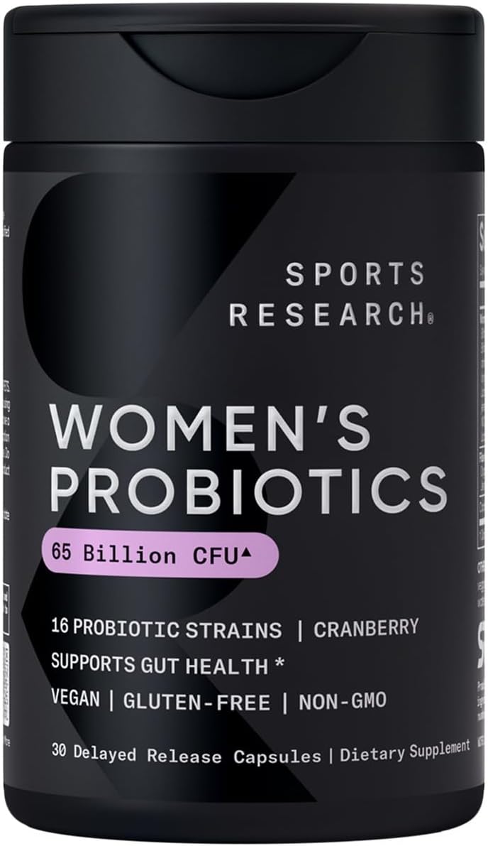 Sports Research® Women’s Probiotics 65 Billion CFU w/Prebiotics, 30 Count | Gut Health & Digestive Support, Probiotics for Women w/ Cranberry, Vegan Certified, Non-GMO, Gluten-Free, 30 Servings