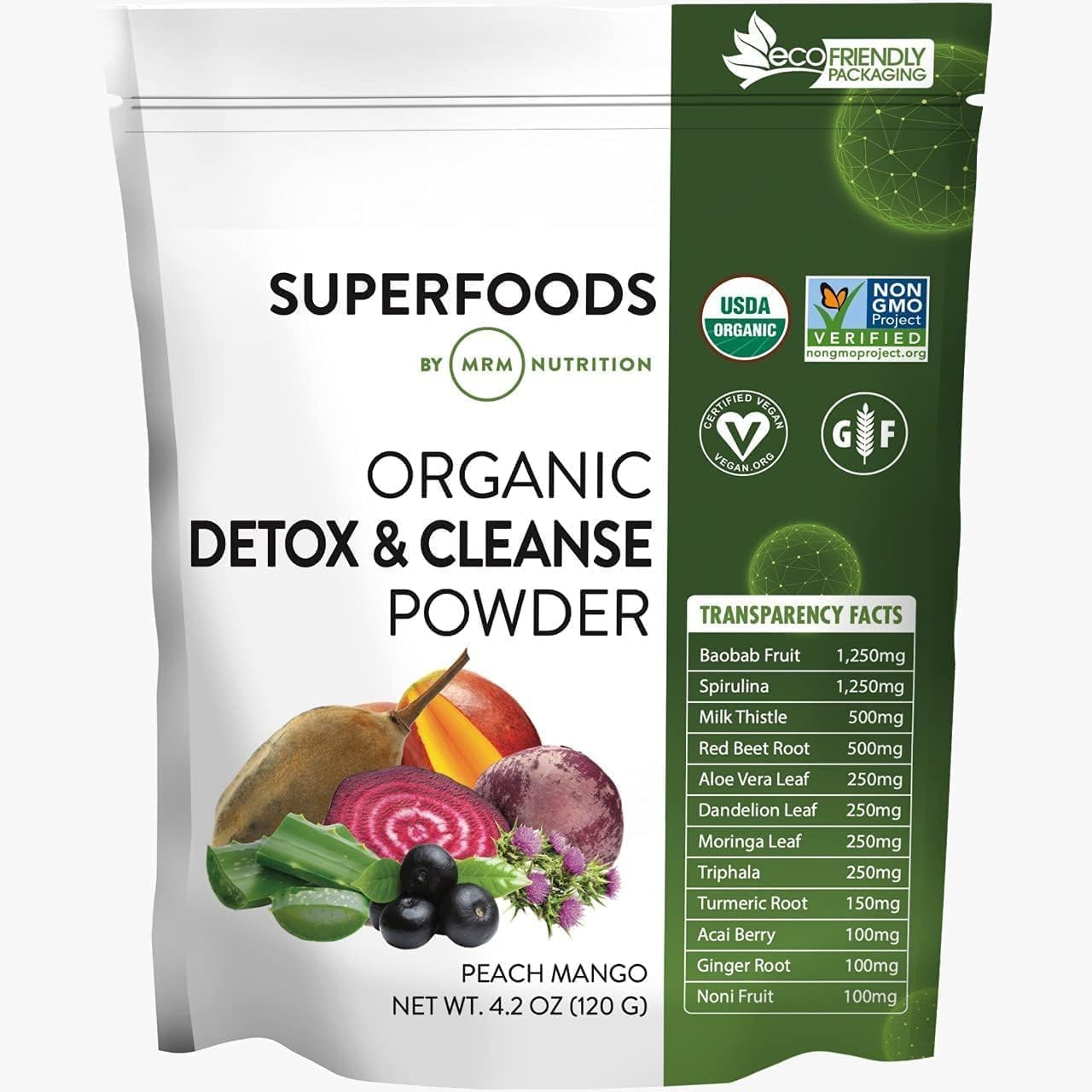 MRM Organic Detox and Cleanse Powder – For Women & Men – Daily Drink Mix with Superfoods, Antioxidants, Chlorophyll, Phycocyanin, Vegan, Organic, Gluten-Free, Peach Mango Flavor – 15 Servings