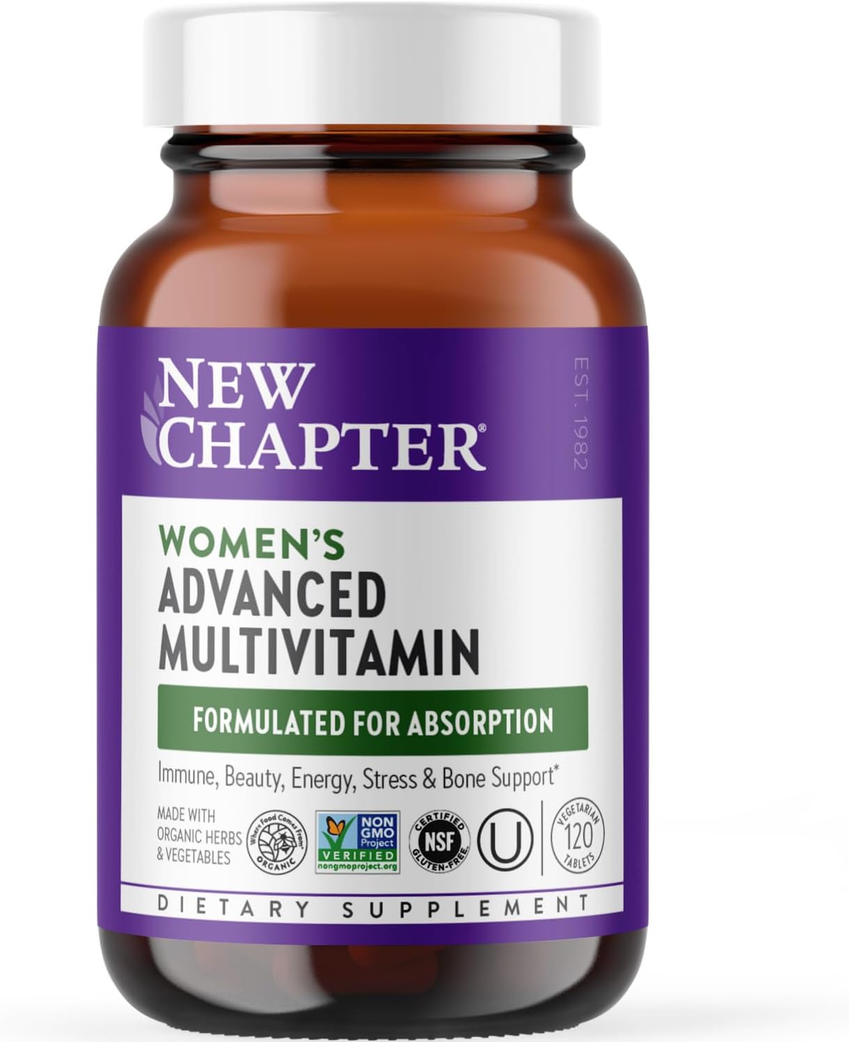 New Chapter Women’s Multivitamin Advanced Formula for Stress, Bone, Immune, Beauty & Energy Support, Higher Levels of Whole-Food Fermented Essential Nutrients for Women + Iron + Vitamin D3, 120 Count