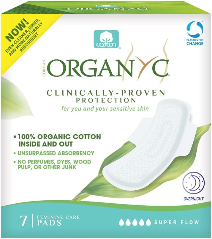 Organyc New and Improved 100% Certified Organic Cotton Inside and Out Overnight Feminine Pads, Heaviest Flow, Super Absorbency 2.0, 7 Count