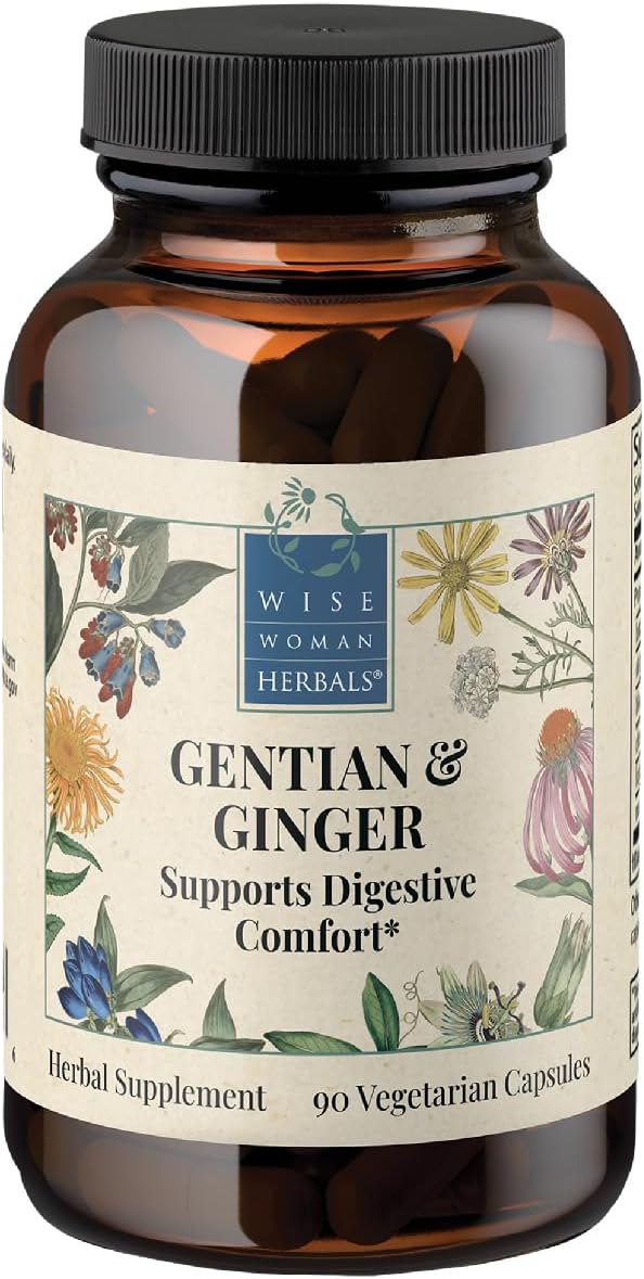 Wise Woman Herbals Gentian & Ginger Capsules, Pure Non-GMO, Herbal Digestive Bitters, Relieves Indigestion, Bloating, Gas & Upset Stomach, Supports Appetite, Gut & Liver Health, 90 Veg Caps