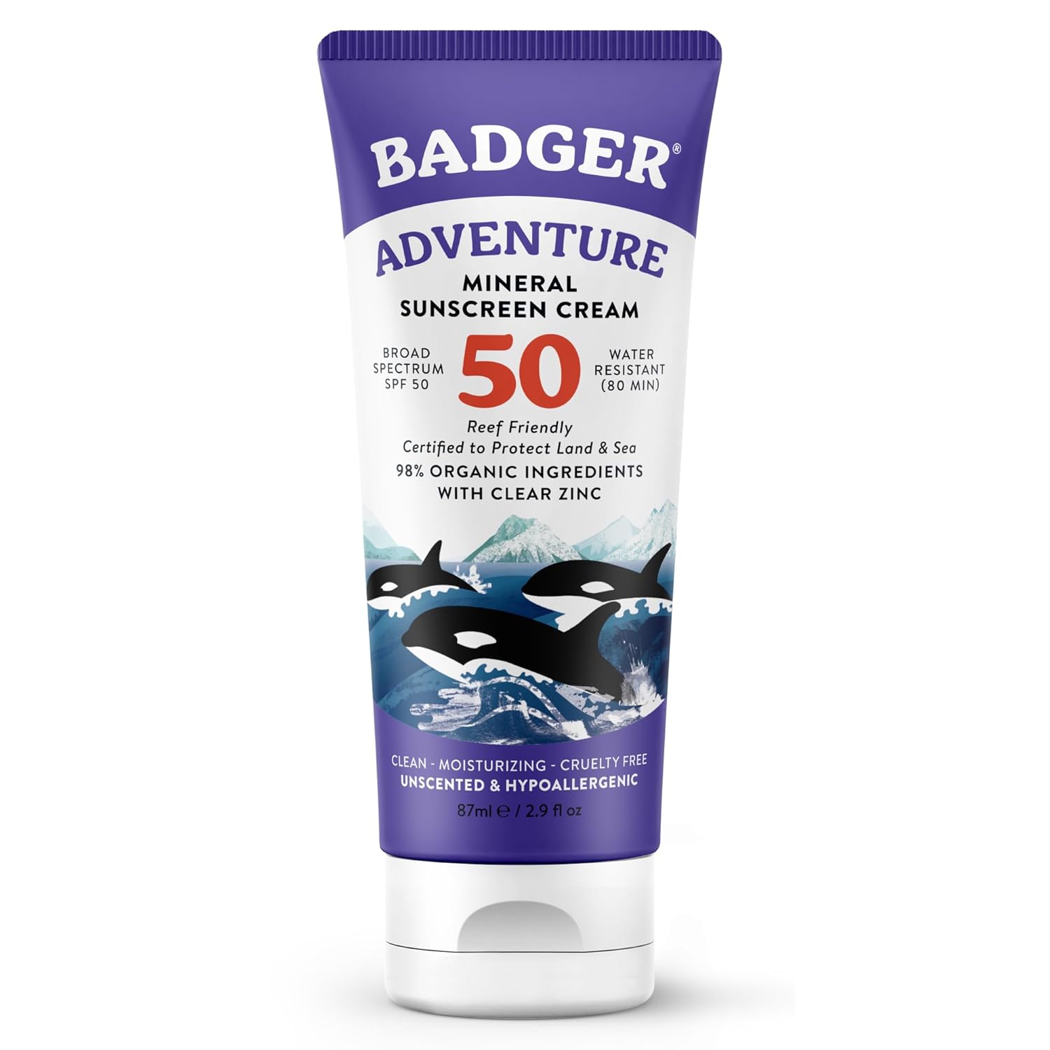 Badger Reef Safe Mineral Sunscreen, SPF 50, 98% Organic with Zinc Oxide, Non Toxic, Water Resistant, Unscented & Hypoallergenic, Broad – Spectrum, For Adventure & Sport, 2.9 fl oz