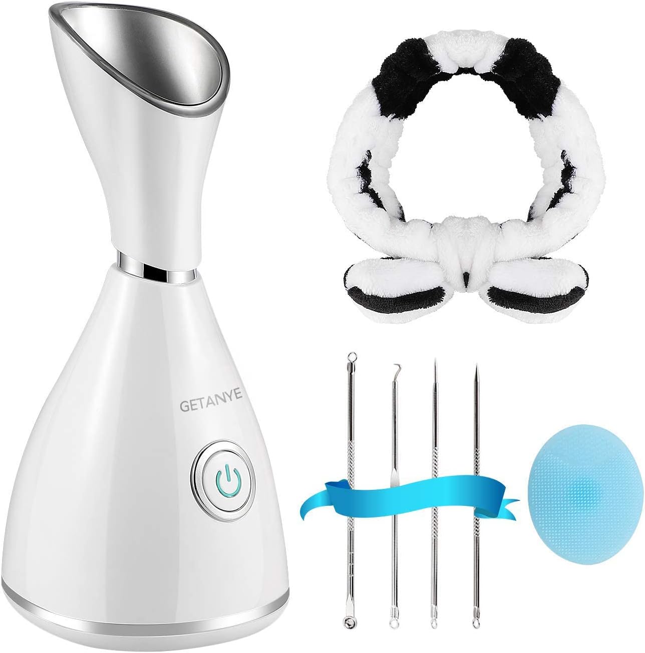 GETANYE Nano Ionic Face Steamer – 10X Penetration for Facial, Unclogs Pores, Moisturizing Spa Humidifier with Free Blackhead Remover Kit, Hair Band, Face Brush