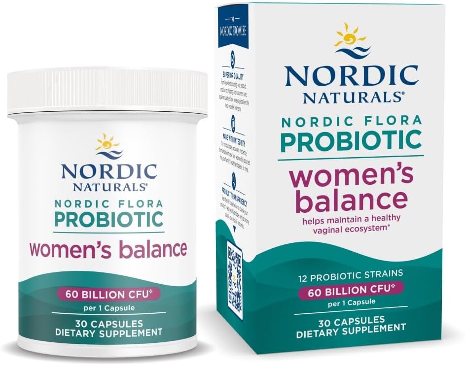 Nordic Naturals Nordic Flora Probiotic Women’s Balance – 30 Capsules – 12 Probiotic Strains with 60 Billion Cultures – Intestinal Support, Vaginal Health – Vegan – 30 Servings