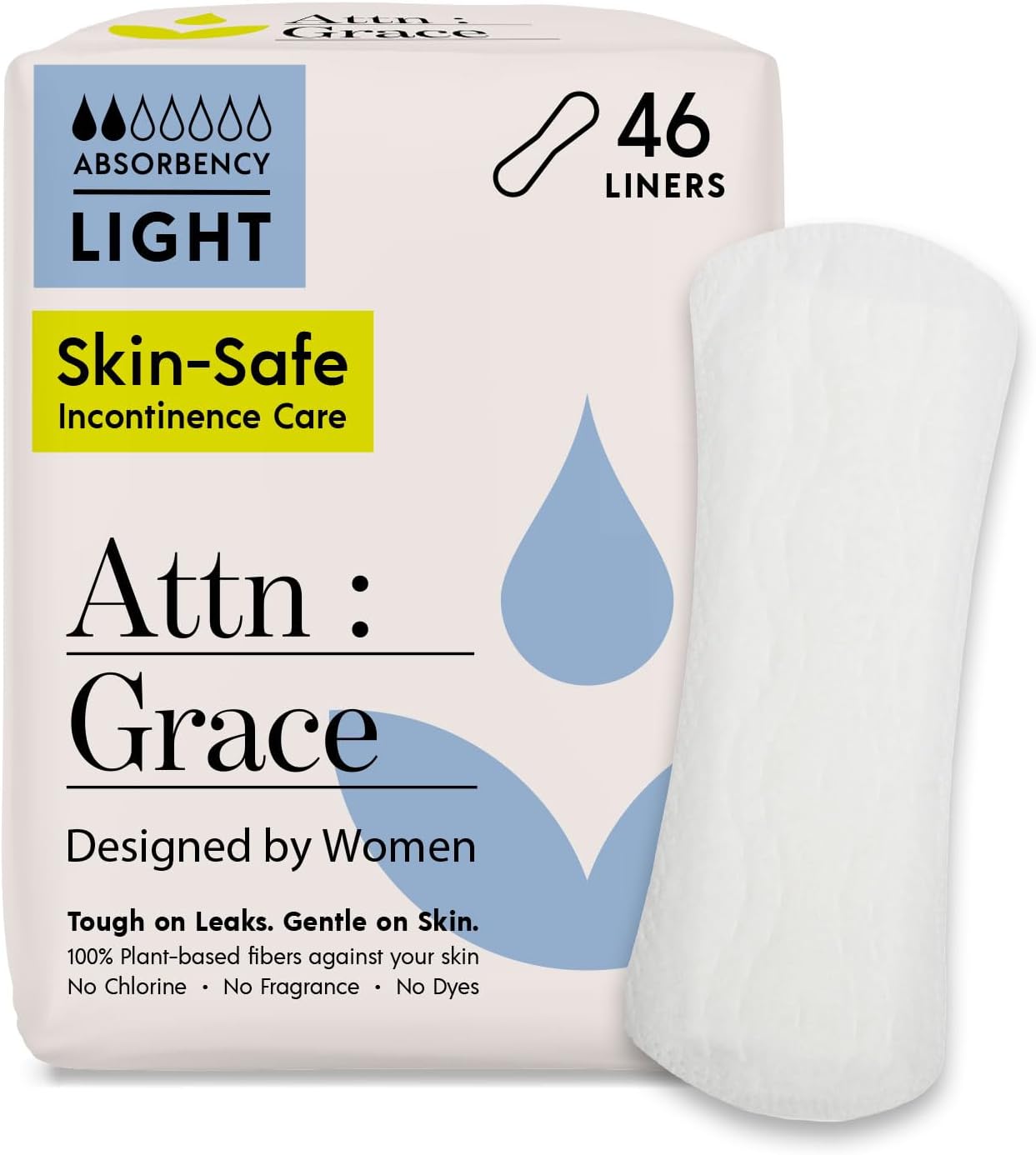 Attn: Grace Panty Liners for Women – 46 Liners – for Light Urinary Incontinence, Bladder Leakage or Postpartum – 100% Breathable & Plant-Based Materials Active Odor Control – Free from Harsh Chemicals