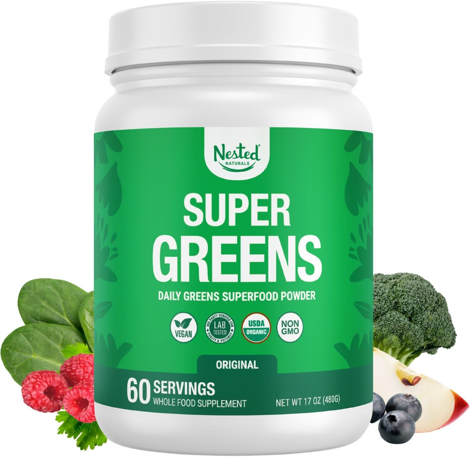 Nested Naturals Super Greens Daily Superfood Powder – Certified USDA Organic Green Powder w/Whole Foods, Spirulina Powder, Wheat & Barley Grass – Probiotics, Fiber & Enzymes – Original, 60 Servings