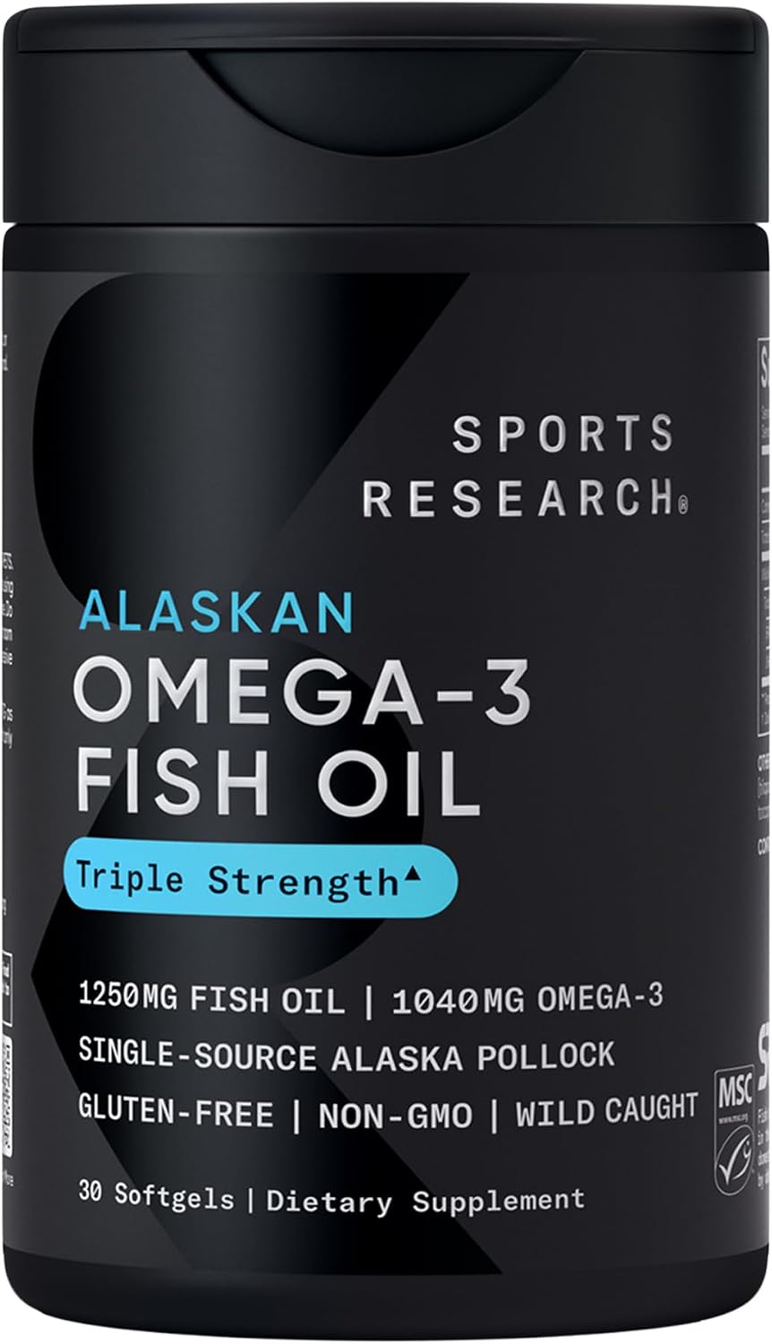 Sports Research Triple Strength Omega 3 Fish Oil 1250mg from Wild Alaskan Pollock – Burpless Fish Oil Supplement with Omega-3 EPA & DHA – Sustainably Sourced, Non-GMO, Gluten Free – 30 Softgels