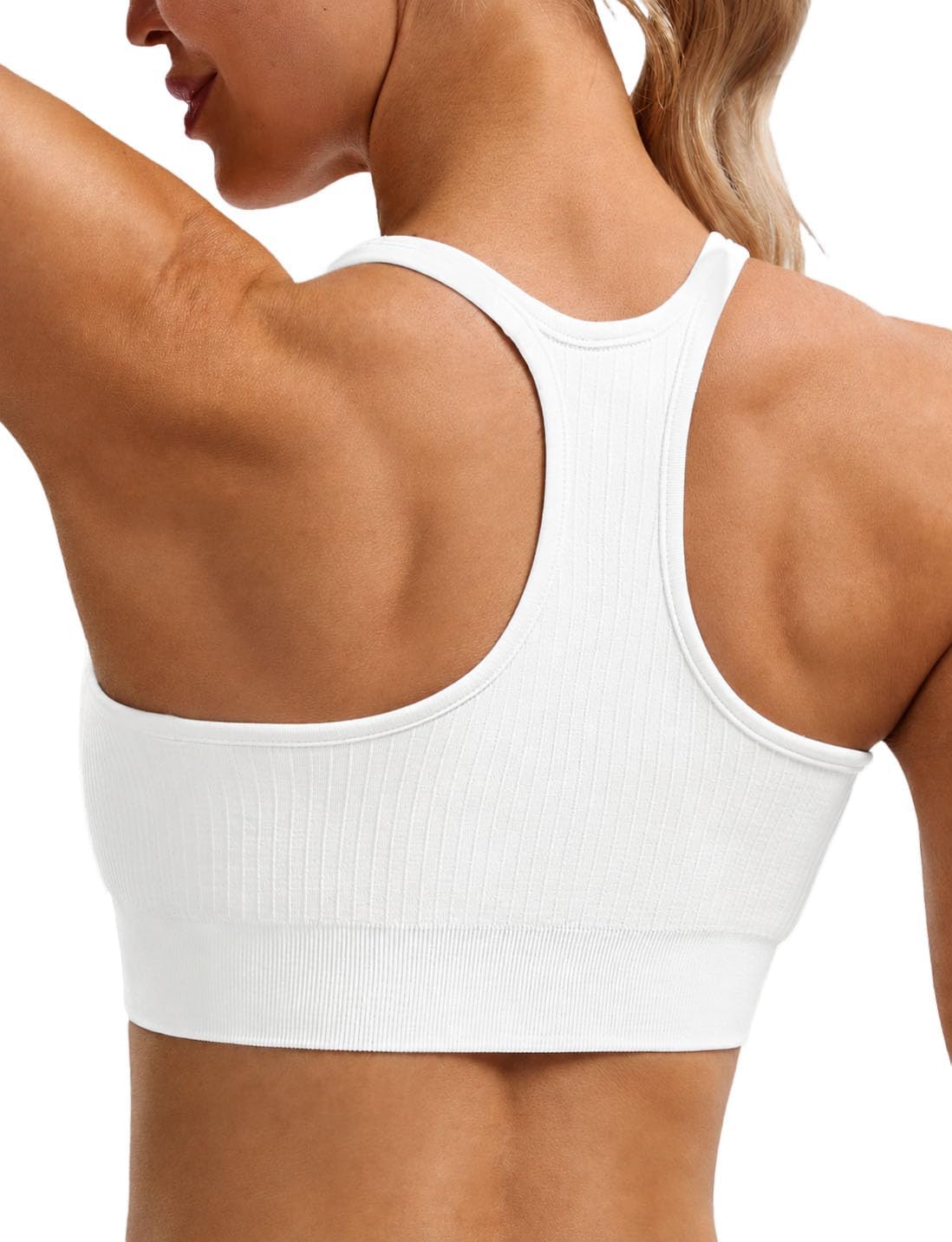 MathCat Seamless Ribbed Sports Bra for Women, Racerback Removable Padded Wireless Scoop Neck Workout Top for Yoga Pilates