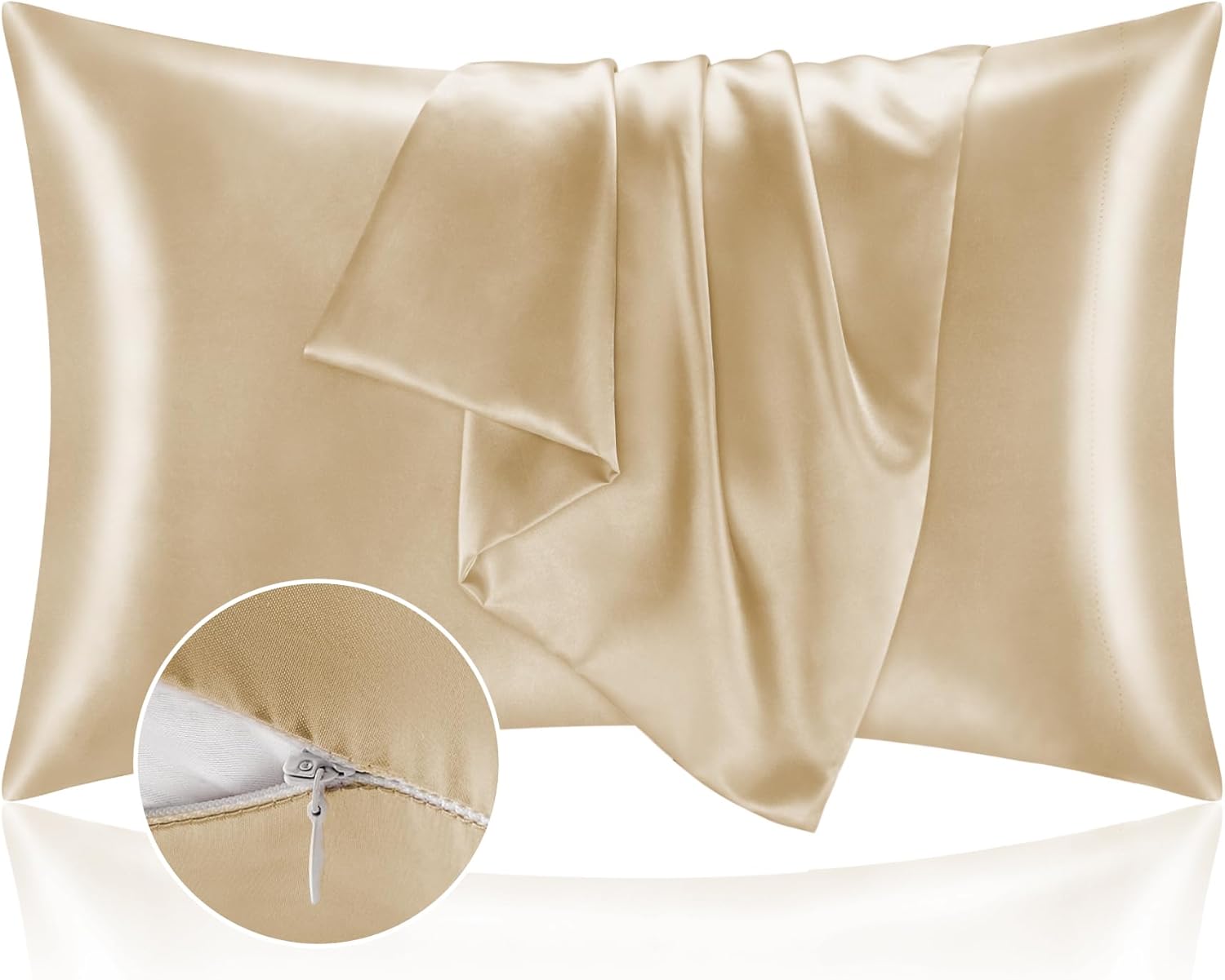 BEDELITE Satin Pillowcase with Zipper 2 Pack, Champagne Pillow Cases Standard Size, Super Soft and Cooling Similar to Silk Pillow Cases, Gift for Women Men(20×26 Inches)