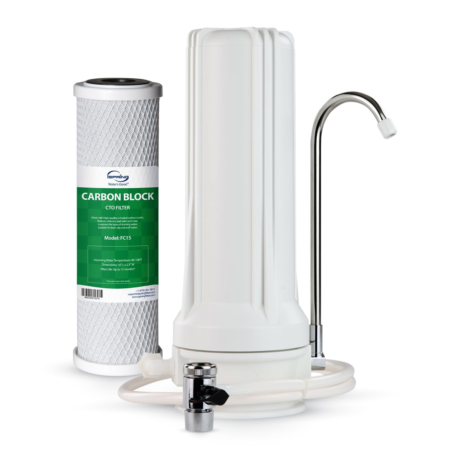 iSpring CKC1 Countertop Drinking Water Filtration System with Carbon Filter 2.5″ x 10″, White