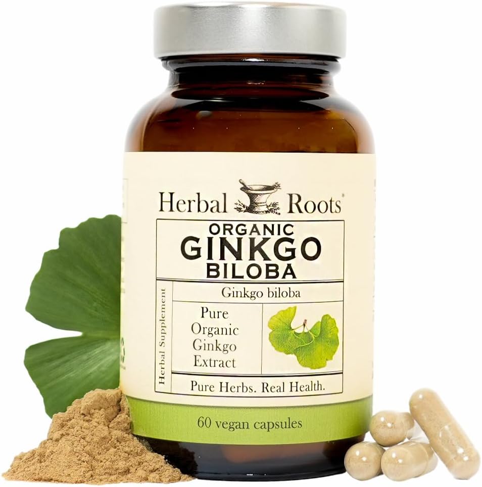 Herbal Roots Organic Ginkgo Biloba Made with Pure Organic Ginkgo Leaf and Extract – 60 Vegan Capsules
