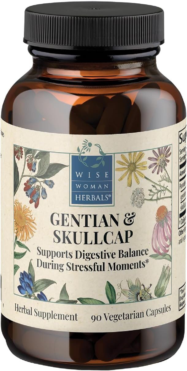 Wise Woman Herbals Gentian & Skullcap Digestion Support Supplement, Non-GMO, Bloating & Indigestion Relief, Supports GI Motility & Gut Comfort, Mood Balance, 90 Veg Caps