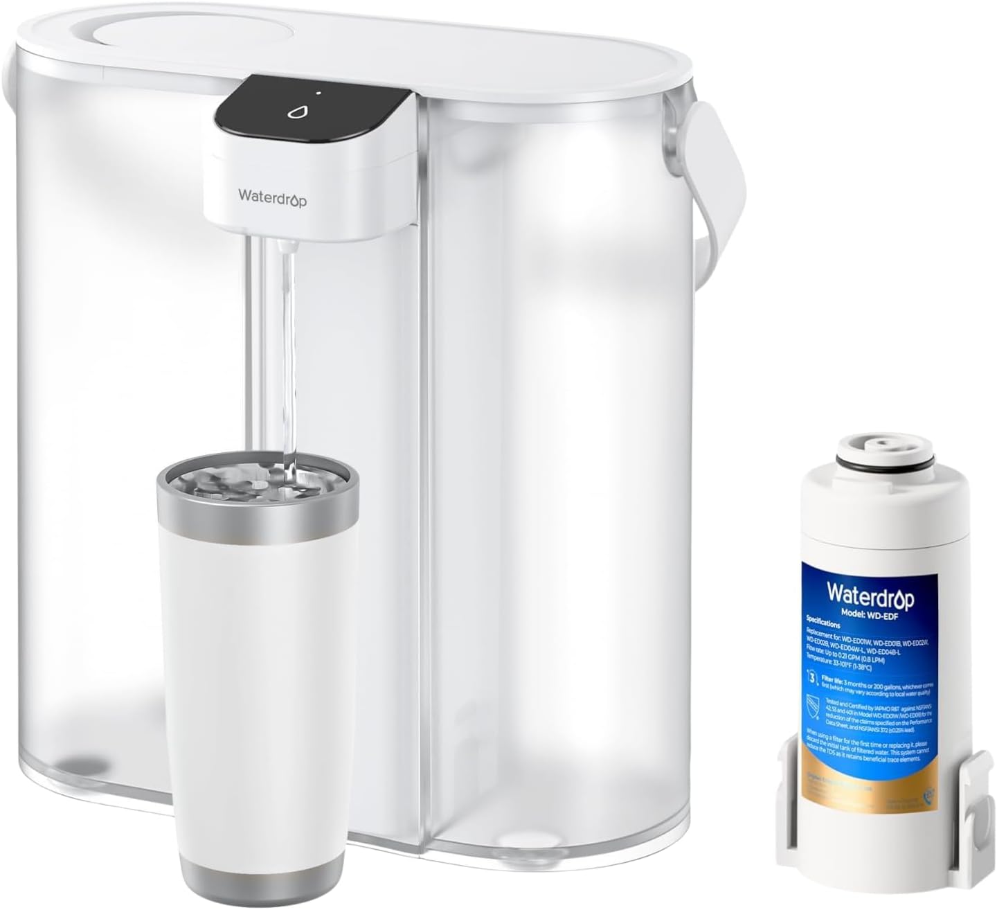 Waterdrop ED02W Compact Electric Water Filter Pitcher, 200-Gallon Rechargeable Instant Powerful Dispenser, NSF/ANSI 42&53&401&372, Reduce PFOA/PFOS, Lead, Chlorine, 14-Cup, NOT Reduce TDS, White