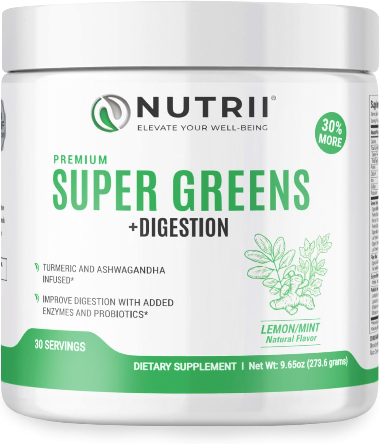 Organic Green Immunity Superfood Powder – Soothes Digestion, Boosts Healthy Vitality and Energy. Fast Acting Formula with Probiotics, Enzymes, Turmeric and Ashwagandha (30 Servings Lemon-Mint)