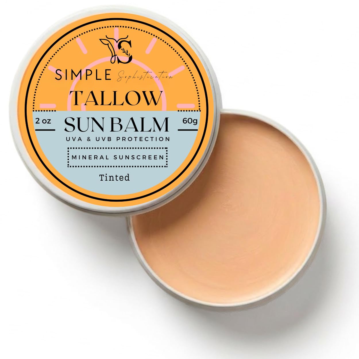 Tallow Sun Balm, tinted – with grassfed tallow, castor oil, zinc oxide | Mineral Sunscreen | Natural, Clean, Organic | Reef Safe, Ocean Friendly | Spf 30 – suitable for sensitive skin (2 oz) (Fair)