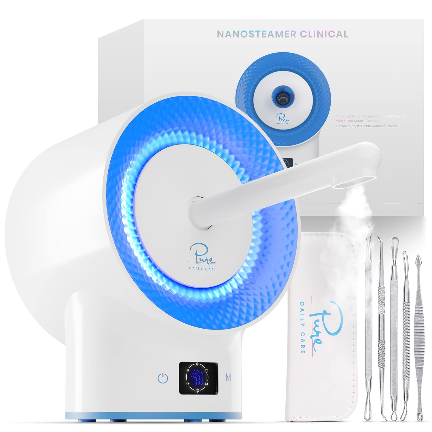 Pure Daily Care NanoSteamer Clinical 10-in-1 Smart Dermatologist Grade Ionic Facial Steamer – 2 Multi-Position Face Steamer Nozzles for Aromatherapy – 6 Pre-Porgrammed Modes – Include Extraction Set