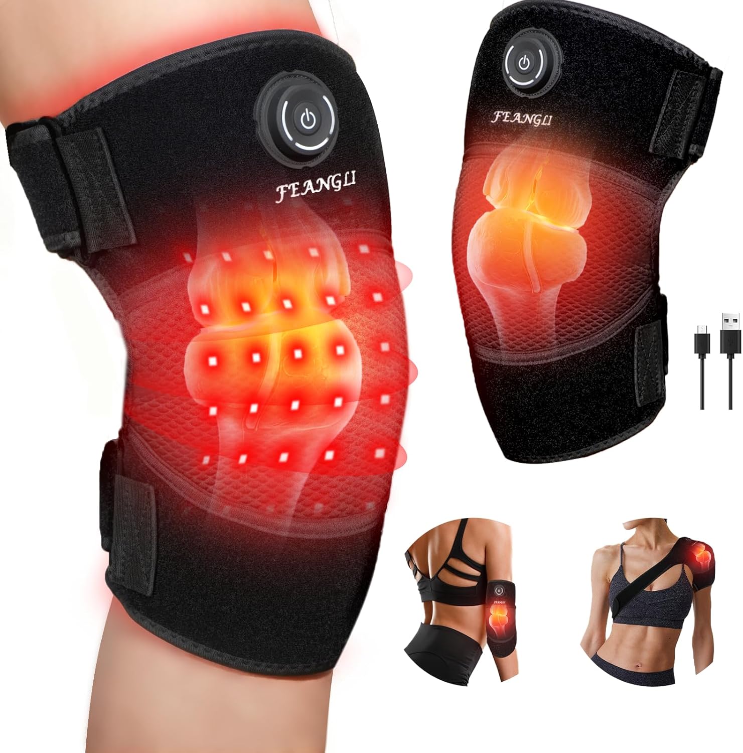 FEANGLI Red Light Knee Brace, Wireless Rechargeable for Knee Wrap, 660nm & 850nm Red Light Heated Device for Knee/Shoulder/Elbow/Joint, Gifts for Women Men