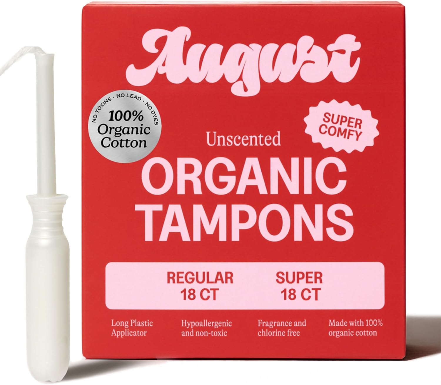 August Regular and Super Tampons – Easy-Glide Long Applicators – 36-Pack (18 + 18) 100% Organic Cotton Tampons for Women, Non-Toxic, Fragrance-Free, and Hypoallergenic