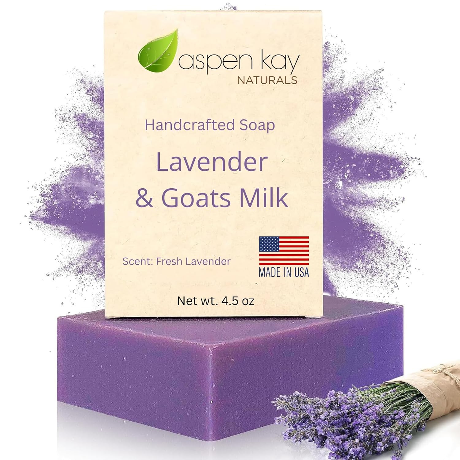 Lavender and Goats Milk Soap Bar. Natural Lavender Soap with Organic Shea Butter & Pure Essential Oils. Gentle for Face and Body. For Men, Women & Teens. Handmade in USA. 4.5 oz Bar.