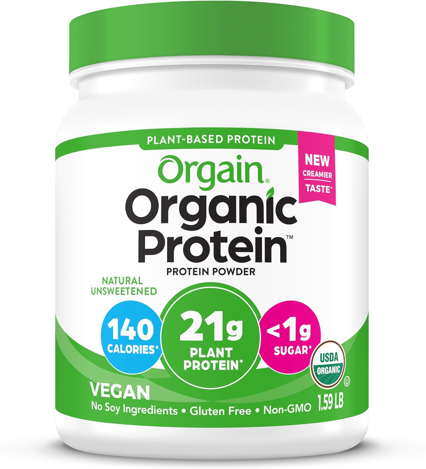 Orgain Organic Vegan Protein Powder, Natural Unsweetened – 21g of Unflavored Plant Protein, 4g Prebiotic Fiber, Low Net Carbs, No Added Sugar, Non-GMO, for Shakes & Recipes, 1.59 lb