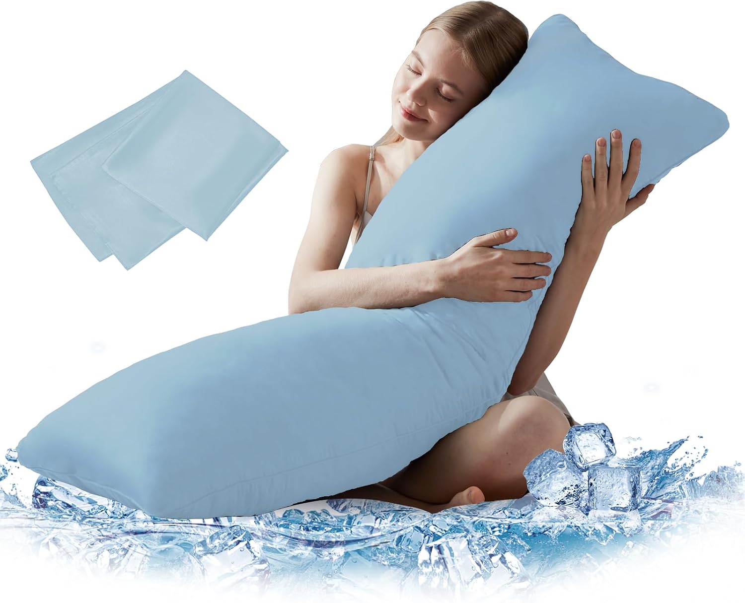 DOWNCOOL Large Body Pillow Insert with Cooling Cover – Soft Long Bed Pillow for Summer – Breathable Full Body Pillow for Adults – 20×54 inch (Blue, with Cover)