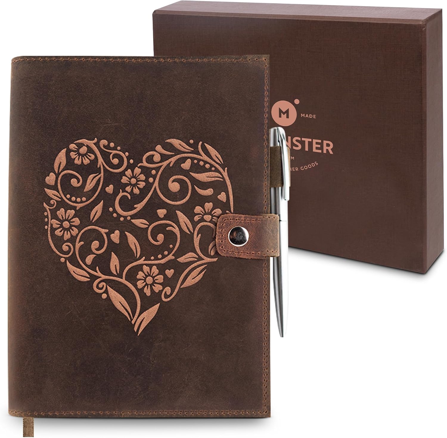 moonster Refillable Leather Journal Embossed Heart Shape Cover Design Journals with Pen – Milled A5 Leather Journal Lined Paper – Journals for Women – Vintage Journal – 320 Pages
