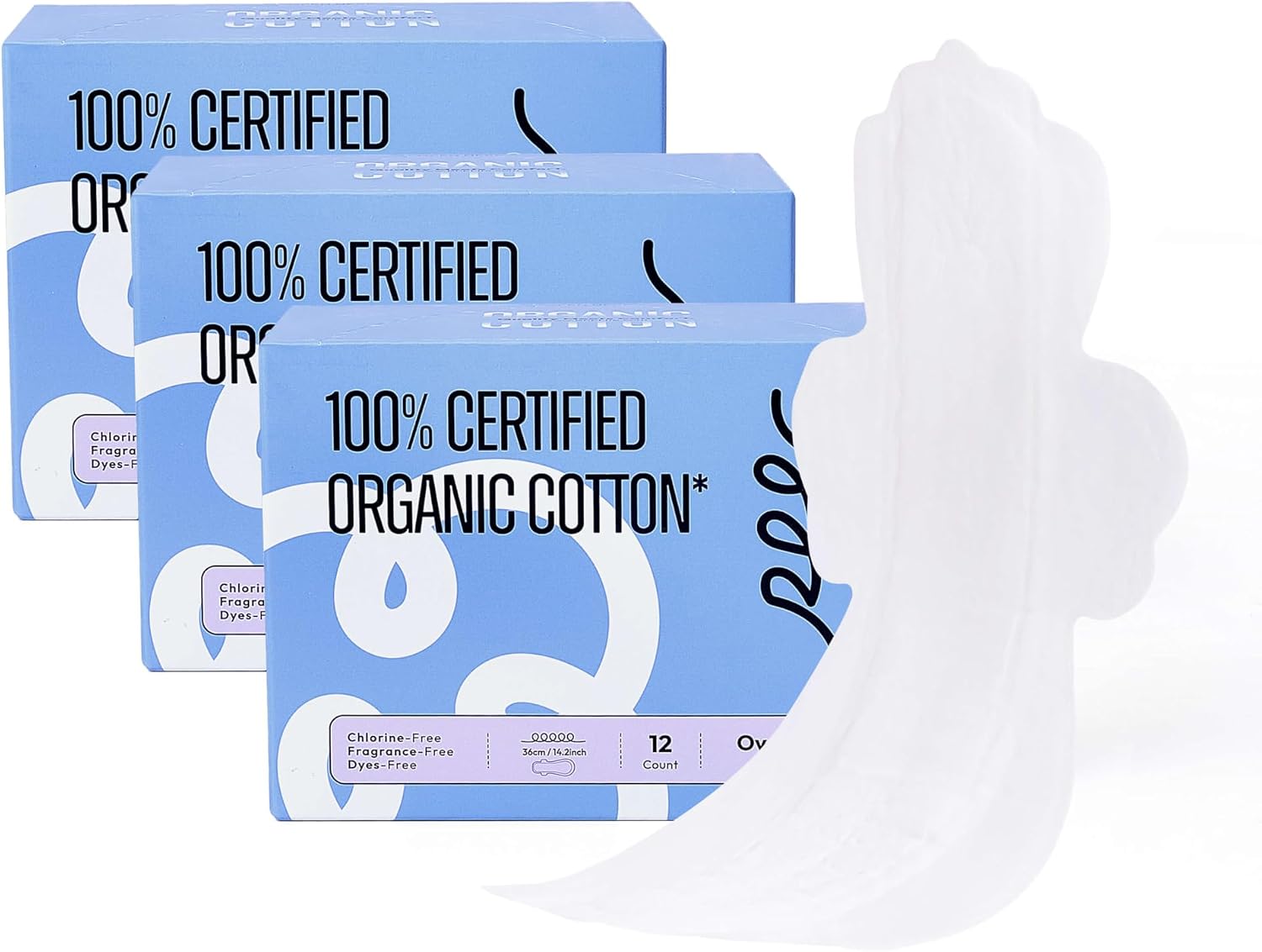 RPE Life 100% GOTS Organic Cotton Overnight Pads, Size 5, 36 Count | Size 5 overnight pads with wings; high-capacity absorbency, stay-fresh comfort, and maximum coverage for sensitive skin.