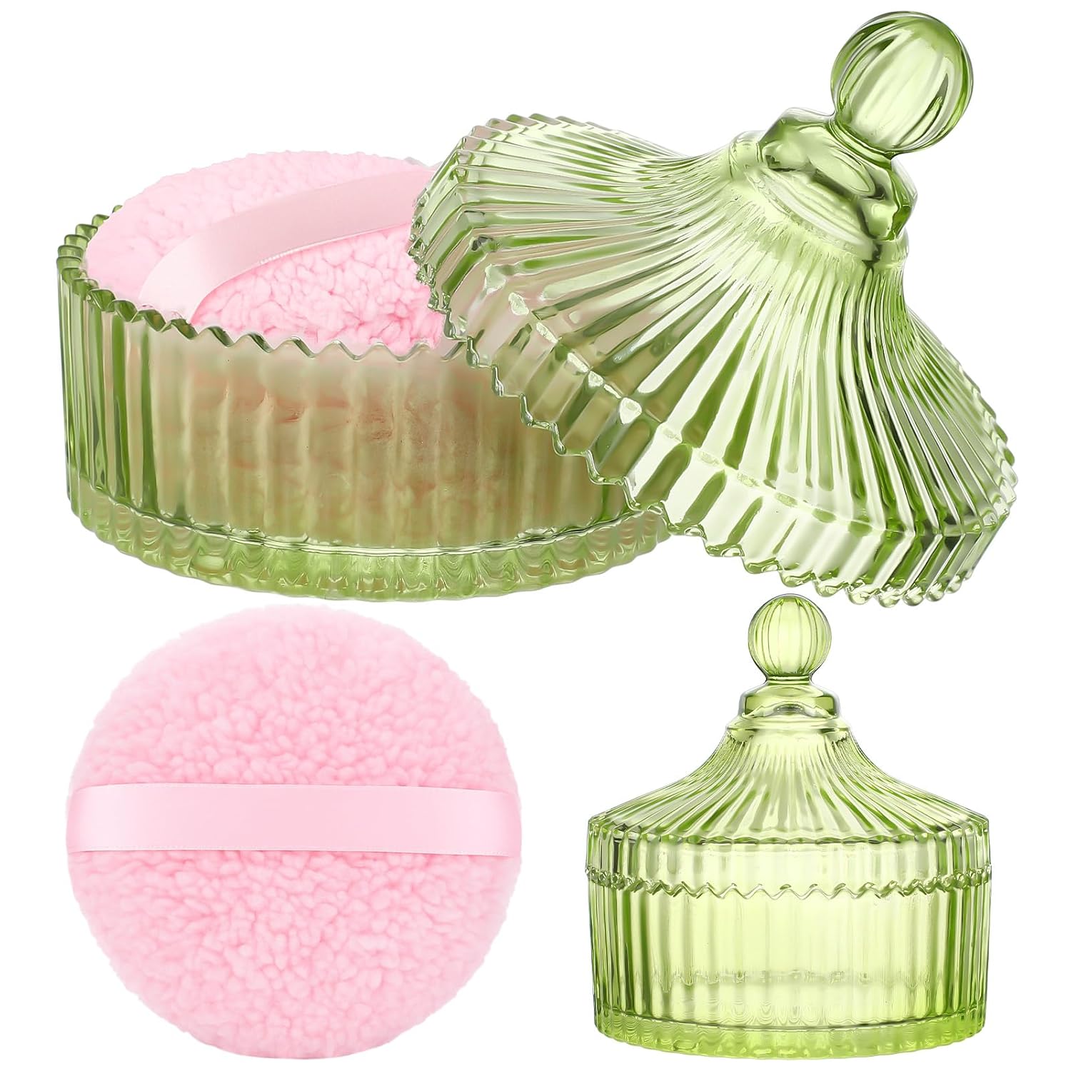 Extra Large Body Powder Puff and Container, 5.5” Crystal Container with 5.3” Oversize Dust Powder Puff Washable Reusable Face Body Glitter Wet Dry Makeup Gift(Green)