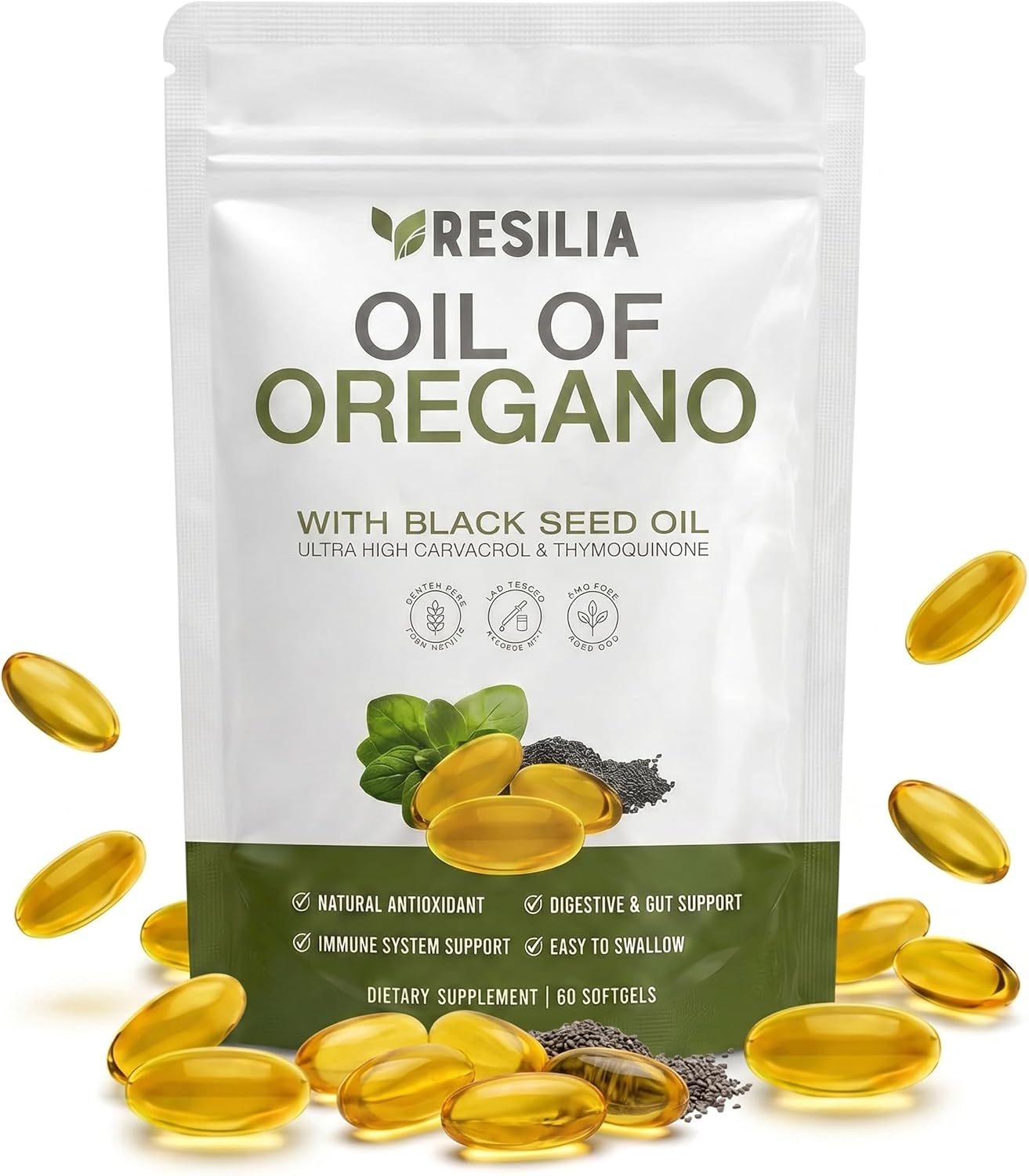Resilia Softgels with Black Seed Oil 6000mg – Premium Grade Oregano Oil Capsules for Immune & Digestive Support – Non-GMO, Gluten-Free Softgels – Natural Herbal Wellness Supplement (60 Count)