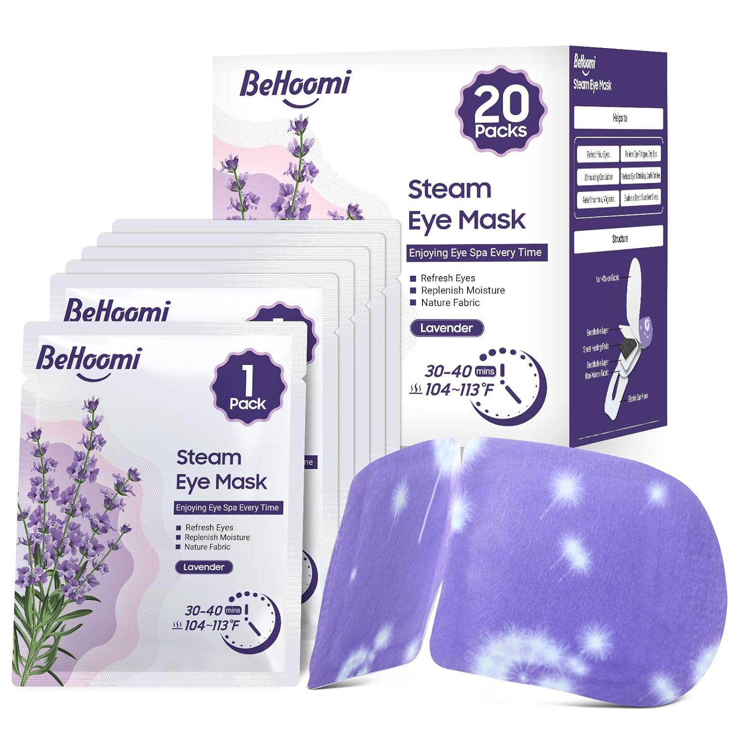BeHoomi 20 Packs Steam Eye Mask, Heated Eye Mask Warm Compress for Eyes, Disposable Self Heating Steam Mask for Home, Sleep, Spa, Travel Essentials & Relaxation Gifts for Women (Lavender)