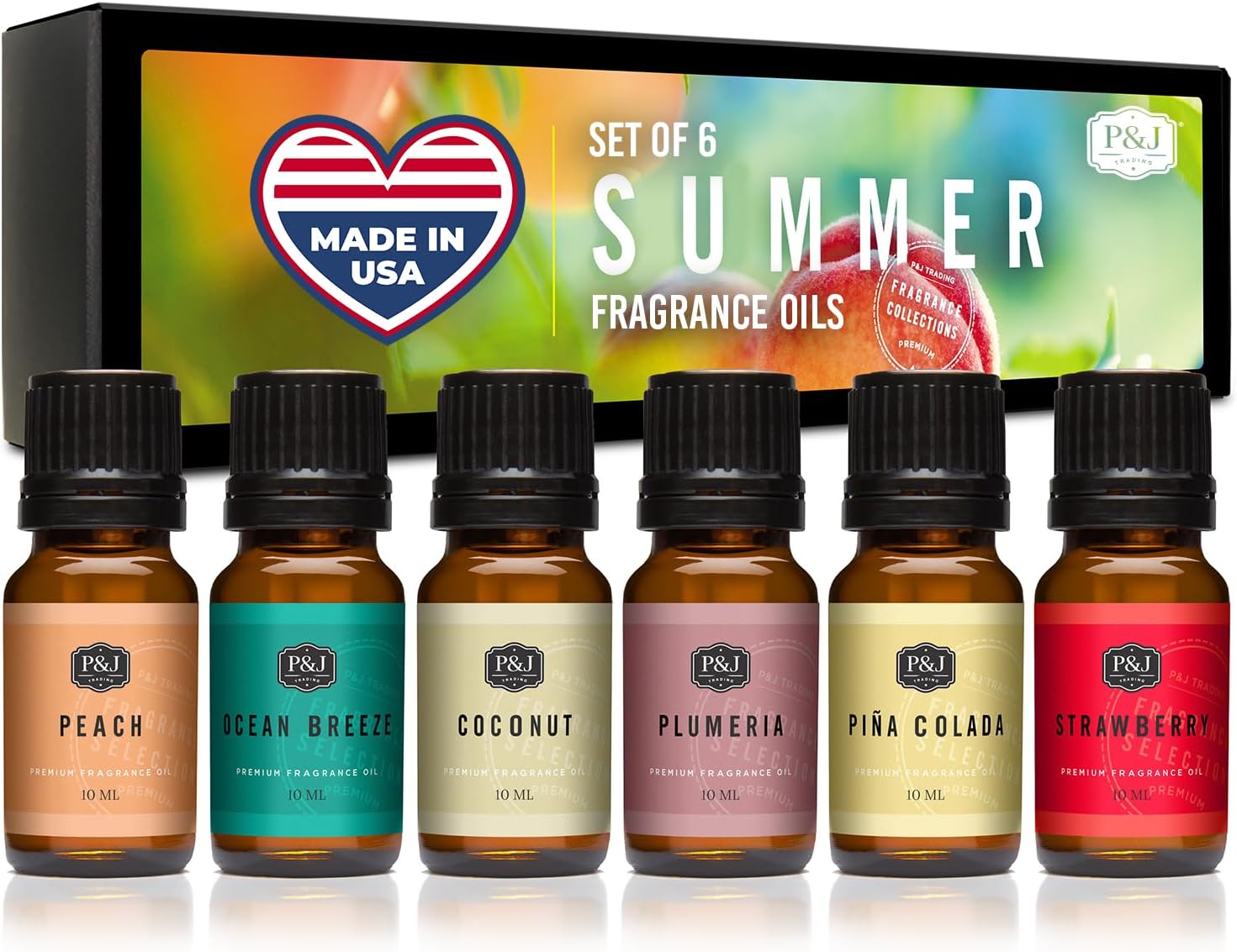 P&J Trading Summer Set of 6 Fragrance Oils – Peach, Strawberry, Plumeria, Coconut, Ocean Breeze, Pina Colada Candle Scents, Soapmaking, Diffuser Oil