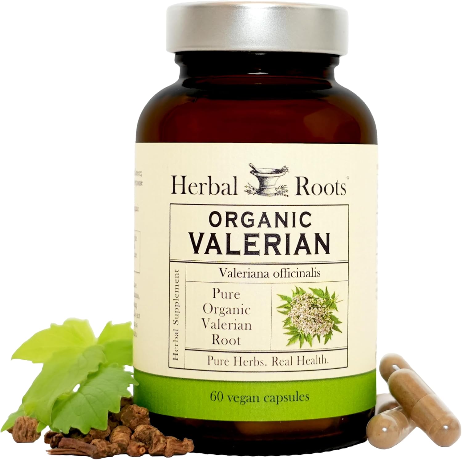 Herbal Roots Pure Organic Valerian Root Capsules – Non-Habit Forming with no Melatonin, Non-GMO – 60 Count Vegan Capsules, Herbal Supplement