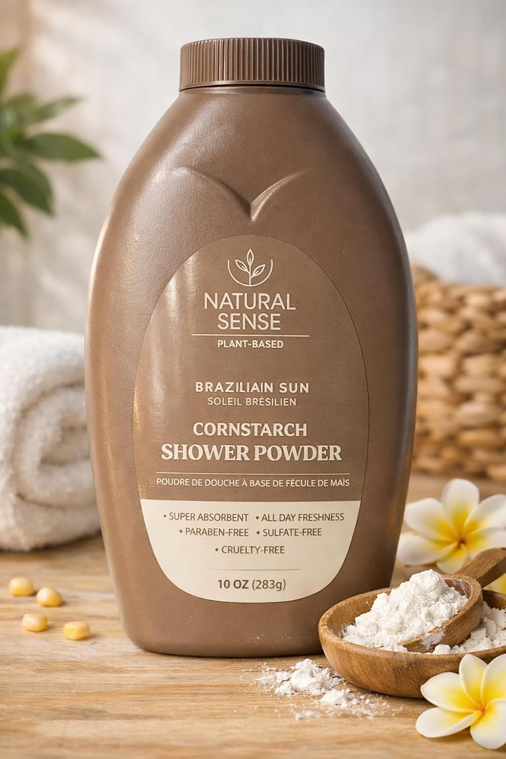 Natural Sense Shower Powder BRAZILIAN SUN (Soleil Bresilien) Plant-Based Cornstarch Dusting Powder – 10 Ounce – (1Pack)