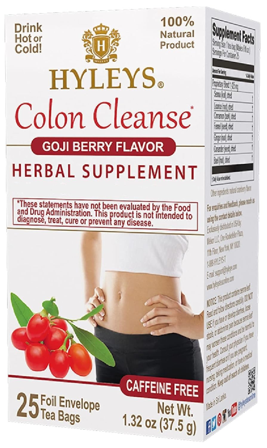 HYLEYS Colon Cleanse Tea, Goji Berry Flavor – 25 Individually Wrapped Herbal Tea Bags – Caffeine Free, Gluten Free
