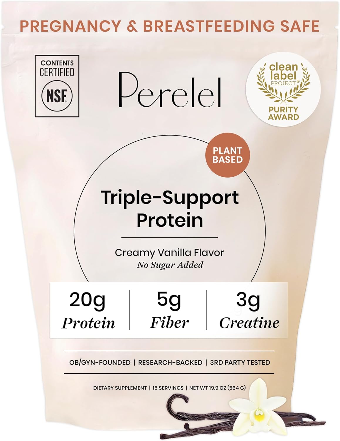 Perelel Triple-Support Plant Based Protein Powder, Creamy Vanilla, 20g Vegan Protein Powder, 3g Creatine Monohydrate, & 5g Prebiotic Fiber per Serving, Dairy Free, No Sugar Added, 15 Day Supply