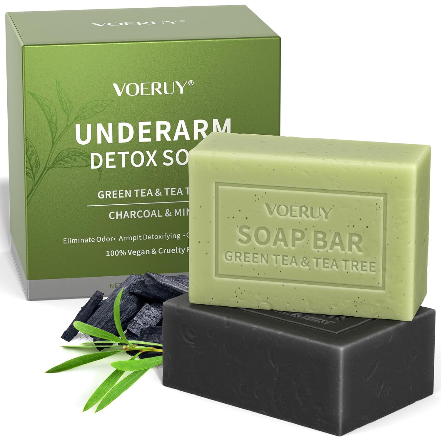 Underarm Detox Soap, 2 Pcs Armpit Detox Soap with Green Tea & Tea Tree, Charcoal & Mint for Eliminating Odor, Exfoliating, Moisturizing , Bar Soaps for Legs, Knee, Feet, Hands Whole Body – 10 oz（280g）