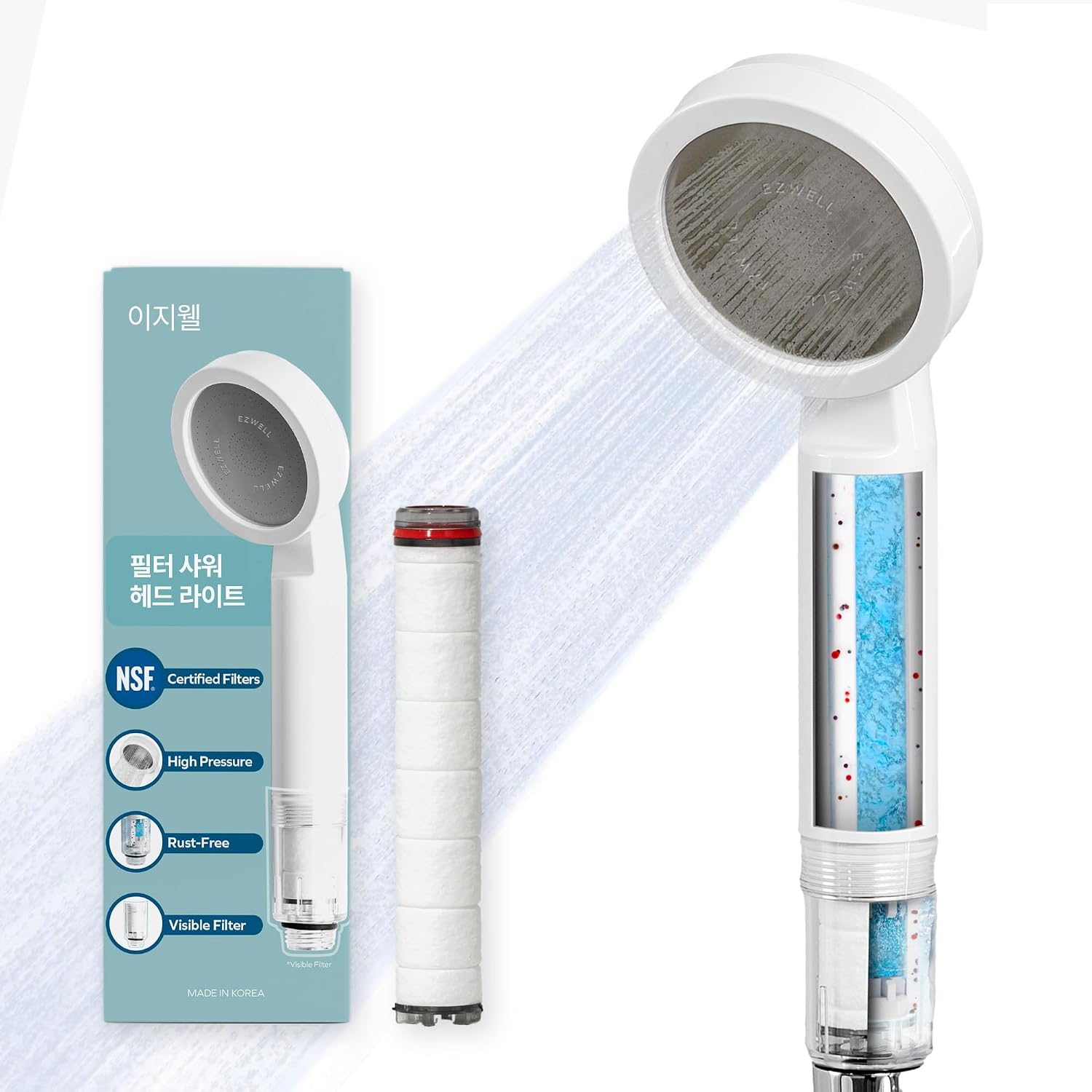 EZWELL Visible Filtered Shower Head LITE Sediment Filter with High Pressure NSF Certified Korea| Filtration System, Removes Rust | – Good for Dry skin & Hair, Travel, RV, Bathroom – Easy Install
